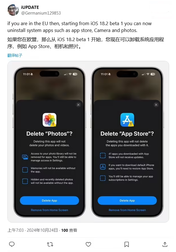 南宫苹果手机维修分享iOS 18.2 支持删除 App Store 应用商店 