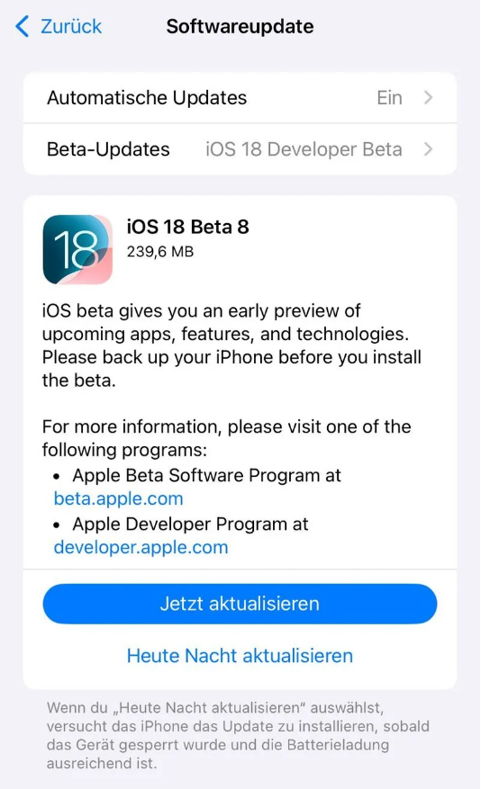 南宫苹果手机维修分享苹果 iOS / iPadOS 18 开发者预览版 Beta 8 发布 